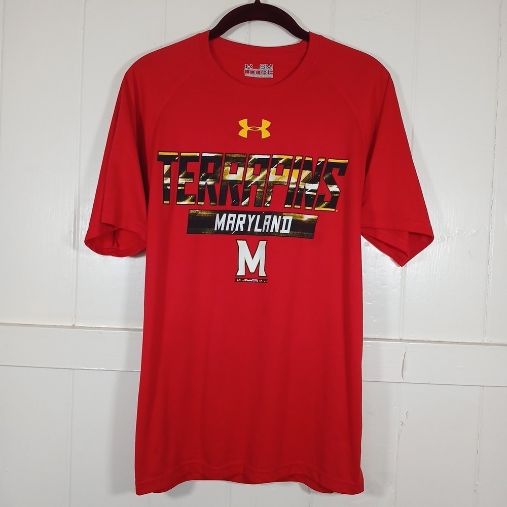 Maryland Terrapins Under Armour Shirt‎ Men's Small Red HeatGear Loose Logo Tee *